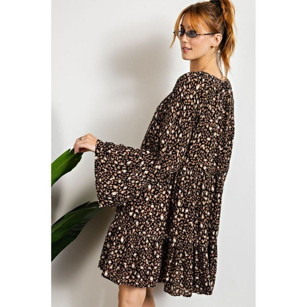 SALE! Easel Black Floral Printed Mock Neck Ruffle Smocked Mini Dress S-L ED18213 - Picture 3 of 6